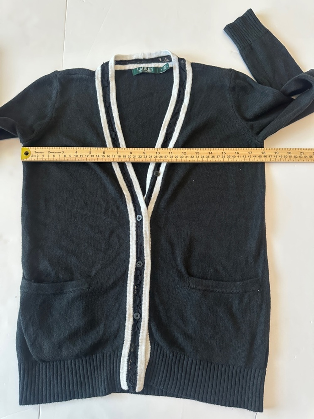 Lauren Ralph Lauren Black S Varsity button up Cardigan White Trim & Lace - Picture 6 of 6